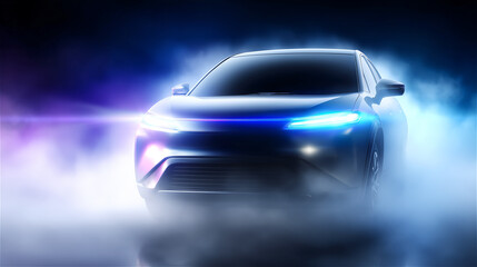 Futuristic car emerging from fog with dramatic neon lighting and a misty atmosphere. High-tech mobility concept with mystery, speed, innovation, cinematic mood and modern transportation design.