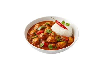 A bowl of chicken jalfrezi, a beloved Indian curry. Set against a white background, clipping path included. More curry