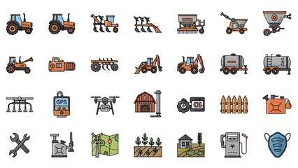Comprehensive collection of modern agricultural equipment and smart farming technology icons for
