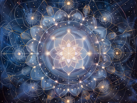 Stunning symmetrical painting showing sacred geometry with a lotus outline and a central white sun from an aerial view. Light balls and circles flow outwards against a background of stars and space. 