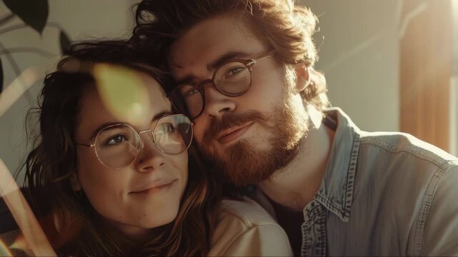 A man and woman sharing an affectionate moment together with warm lighting.