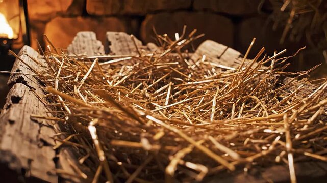 Manger with soft light showing straw on rustic wood. Calm and inviting manger scene highlights warm light and natural materials, evoking feelings of peace and comfort.