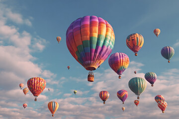 Fototapeta premium vibrant hot air balloons ascend into a clear blue sky filled with soft white clouds