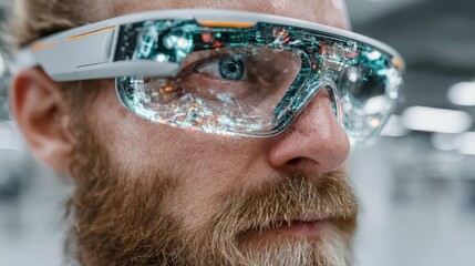 Man wearing futuristic augmented reality glasses displaying vibrant digital data overlays, envisioning innovation and advanced technology