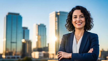 Confident businesswoman standing in front of city skyline