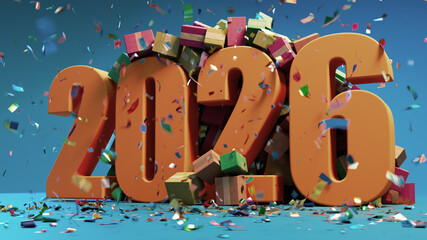 Festive 2026 Celebration With Colorful Gift Boxes, Confetti, and Giant 2026 Numerals Ready for New Year Campaign