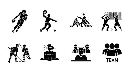 Diverse Sports and Esports Teamwork Icons Representing Athletic Competition and Digital Gaming