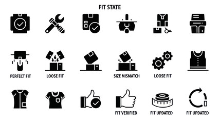 Collection of vector icons representing different aspects of fit and garment sizing in fashion and