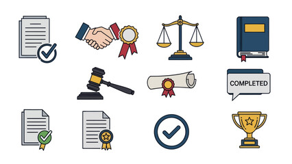 Comprehensive collection of legal, business agreement, and achievement vector icons detailing