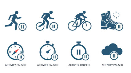 Digital icons illustrating various outdoor and indoor activities placed on hold, showing pause