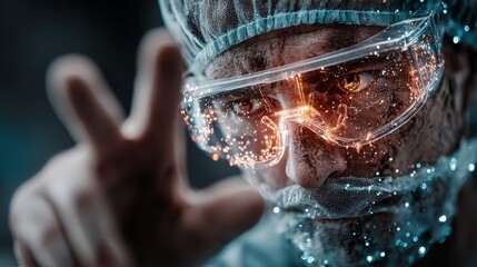 Futuristic scientist immersed in digital data streams, exploring advanced technological frontiers with intense focus and innovation.