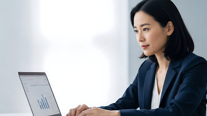 Businesswoman analyzing data on laptop in modern office