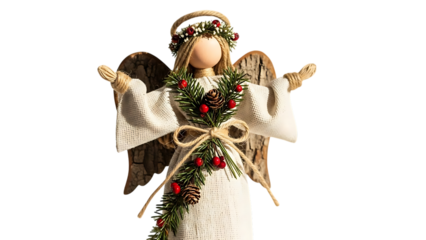 Handmade Christmas angel decoration with pine cones and berries craft