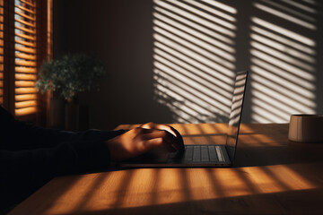 Person working on laptop at wooden desk with dramatic sunlight and shadow pattern from window blinds creating warm atmosphere