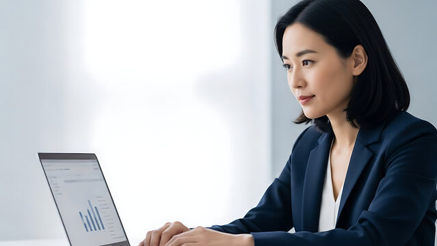 Businesswoman analyzing data on laptop in modern office - Powered by Adobe