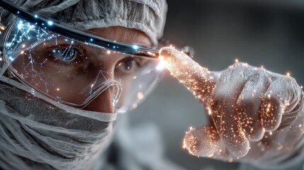 Visionary scientist interacts with glowing digital network, exploring futuristic data streams with precision and wonder