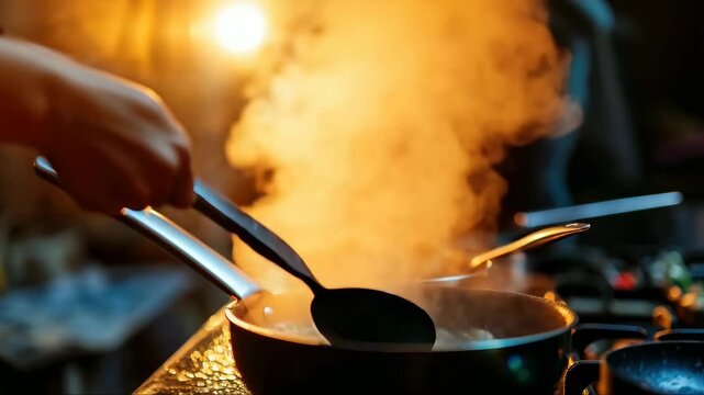 A chef stirring food in a pan with a spoon while it's cooking on the stovetop.