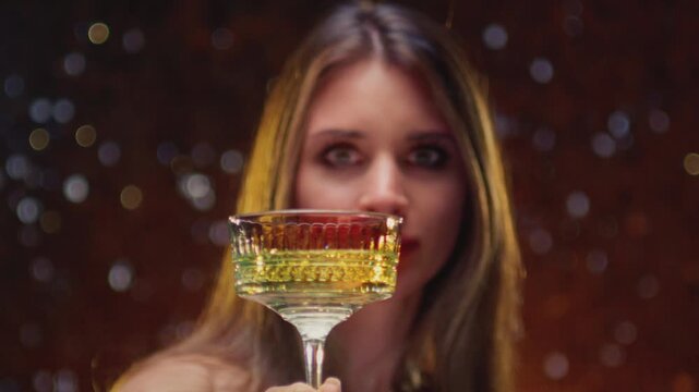 Portrait: cute woman with glass of champagne wine. Face of girl raises her Le coupe with brut. Congratulations on holiday, celebrates luxury event, Christmas atmosphere. Happy female raises a toast.
