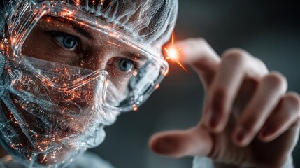 Scientist in protective gear interacting with glowing futuristic circuit board, symbolizing innovation and advanced technology breakthroughs