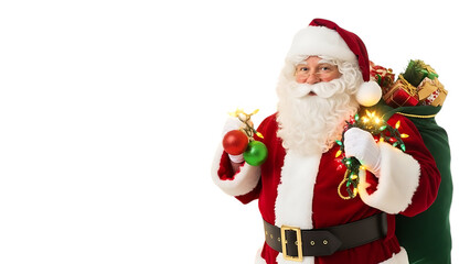Santa Claus holding Christmas ornaments and lights with gift sack holiday festive
