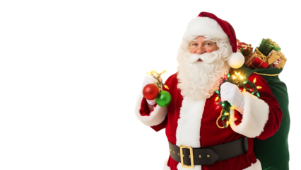 Santa Claus holding Christmas ornaments and lights with gift sack holiday festive