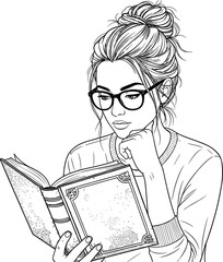 Woman Reading Book Line Art Illustration , Black and White Hand Drawn Vector of Female Student Studying in Library