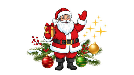 Santa Claus waving with gift and Christmas decorations on black background holiday