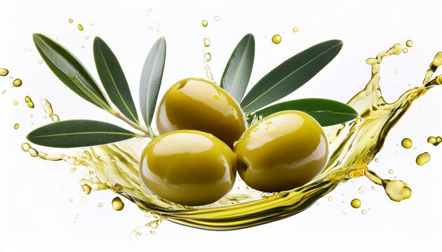 green olives with twigs in olive oil splashes isolated on white background
