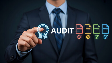Professional businessman touching audit certification icon on virtual screen