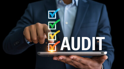 Professional businessman touching audit certification icon on virtual screen