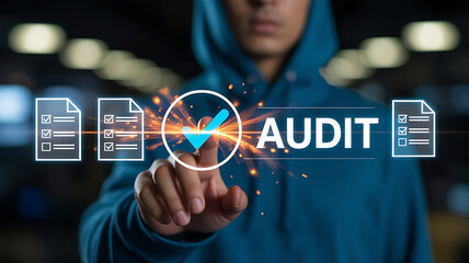 Professional businessman touching audit certification icon on virtual screen