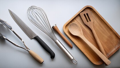 essential kitchen cooking utensils and tools including spatula knives ladle and whisk for culinary preparation