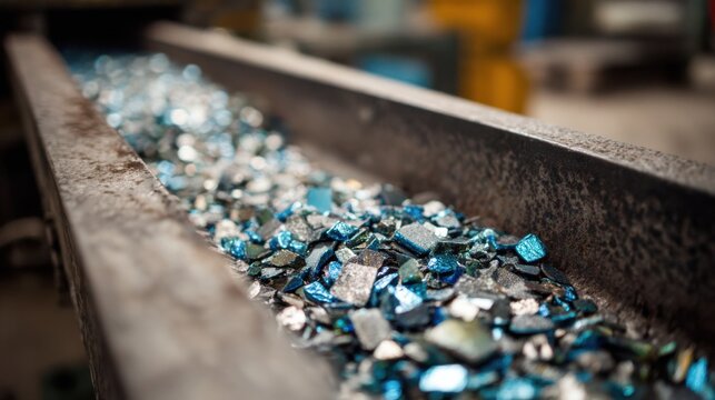 Closeup medium shot of zinc scrap being carefully processed on a conveyor belt highlighting the initial stages of nonferrous metal recycling.