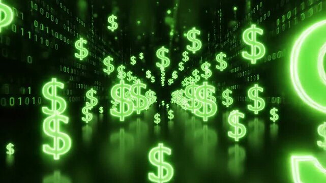 Digital money flow with neon dollar sign. Binary code background. Financial technology, cyber currency, and online banking concept.