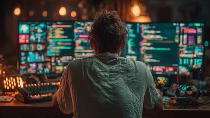 Fototapeta premium Focused programmer immersed in lines of code on multiple glowing screens, working late in a dimly lit, atmospheric workspace.