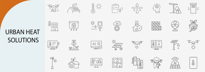 urban heat solutions icon set with cooling strategies and climate adaptation, minimal line vector design