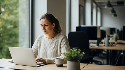 Woman working on laptop in modern office setting
