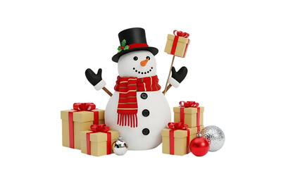 Snowman with Gifts and Christmas Ornaments on Black Background presents