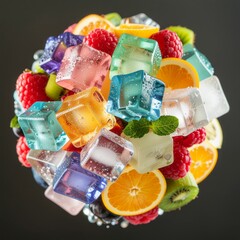 Sph&egrave;re compos&eacute;e de fruits et de cubes de glace isol&eacute;e sur fond bleu. Generated Image. 