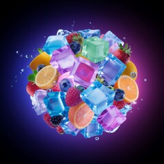 Sph&egrave;re compos&eacute;e de fruits et de cubes de glace isol&eacute;e sur fond bleu. Generated Image. 
