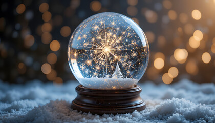 Magical snow globe with sparkling snowflakes and trees in winter wonderland scene