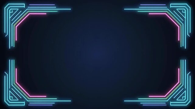Bright blue pink yellow and purple neon lines form a glowing futuristic frame on a dark background
