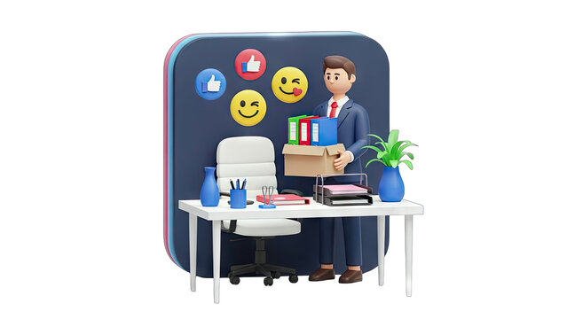 Businessman Leaving Office with Boxes and Social Media Icons