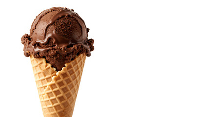 A delicious chocolate ice cream scoop in a waffle cone, topped with chocolate syrup, perfect for a sweet treat.