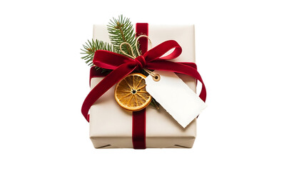 White gift box with red velvet ribbon and dried orange slice present christmas