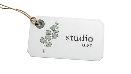 White gift tag with eucalyptus sprig and studio gift text leaves