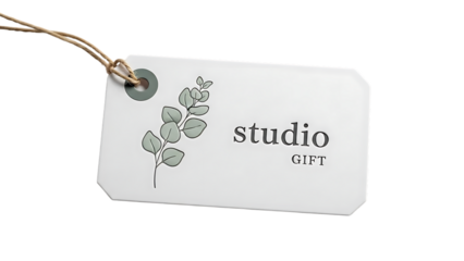 White gift tag with eucalyptus sprig and studio gift text leaves