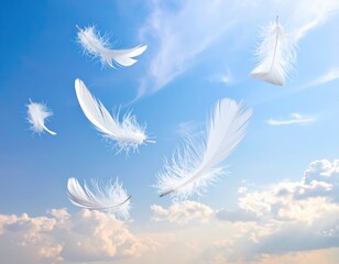 Naklejka premium Minimal scene of white feathers gliding through space emphasizing gentle airflow freedom and peaceful visual rhythm