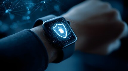 Smartwatch displaying digital security shield icon with network connections.