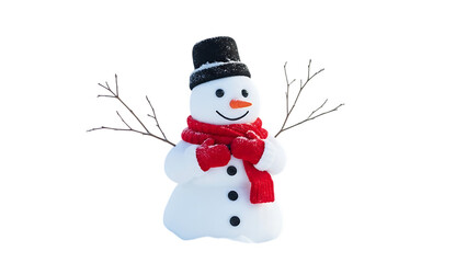 White snowman with red scarf and black hat on black background winter